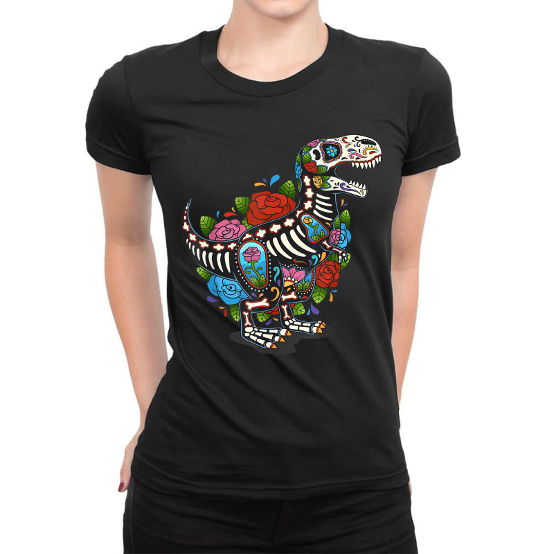 T Rex Dino Sugar Skull Mexico Calavera Dia De Los Muertos Tshirt Ladies Fitted T-Shirt by ShelleyDoppelmayr | Artistshot