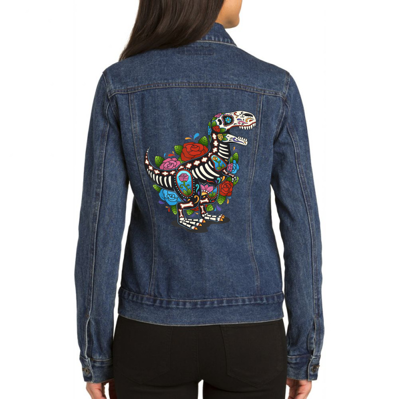 T Rex Dino Sugar Skull Mexico Calavera Dia De Los Muertos Tshirt Ladies Denim Jacket by ShelleyDoppelmayr | Artistshot