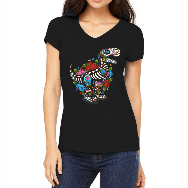 T Rex Dino Sugar Skull Mexico Calavera Dia De Los Muertos Tshirt Women's V-Neck T-Shirt by ShelleyDoppelmayr | Artistshot