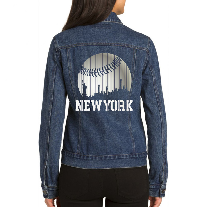 New York Ny Skyline Baseball Stripes For Gameday Retro Style Ladies Denim Jacket by Kanmosrin52 | Artistshot