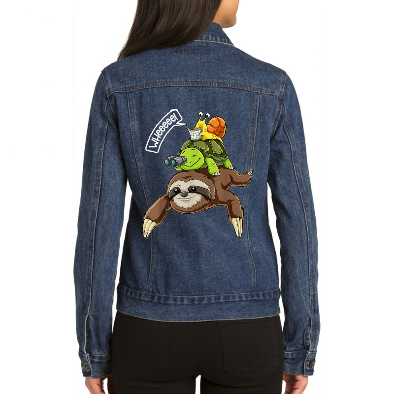 Funny Sloth Turtle Snail Piggyback Running Riding Team Ladies Denim Jacket by kevinnichols | Artistshot