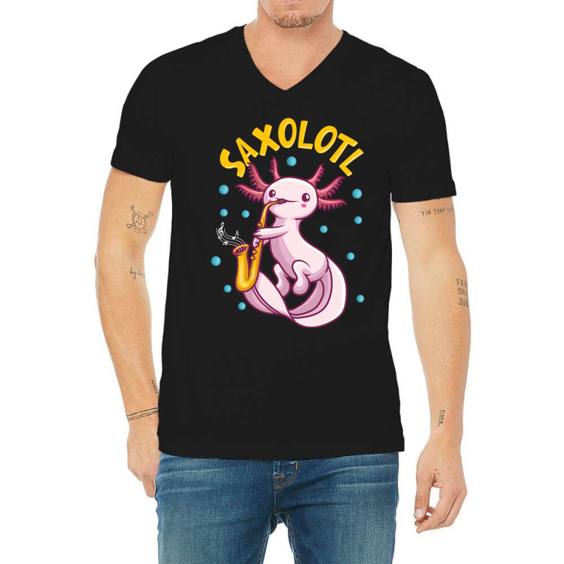 Saxolotl Sax Playing Axolotl Pun Walking Fish V-neck Tee | Artistshot