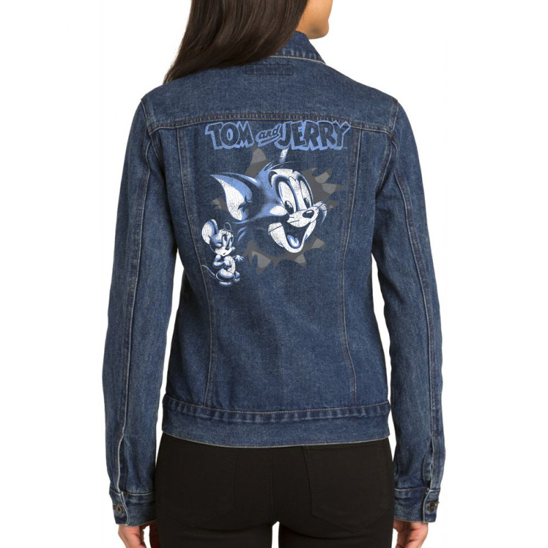 Tom And Jerry Pop Out Distressed Poster Ladies Denim Jacket | Artistshot