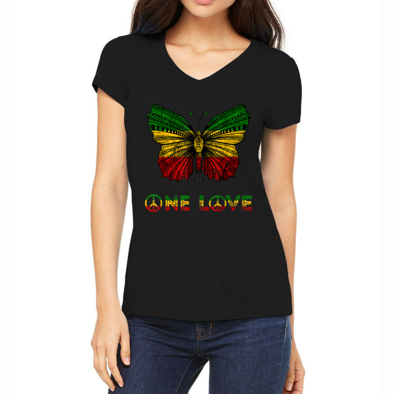 One Love Rasta Butterfly Reggae Hippie Rastafari Roots Women's V-Neck T-Shirt by cm-arts | Artistshot