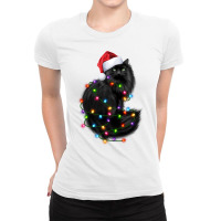 Santa Black Cat Tangled Up In Christmas Tree Lights Holiday Long Sleev Ladies Fitted T-shirt | Artistshot