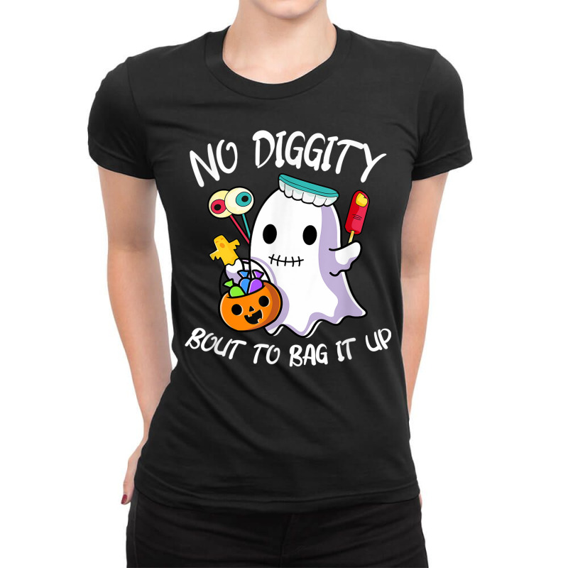 No Diggity Bout To Bag It Up Cute Ghost With Candy Pumpkin Ladies Fitted T-Shirt by Clinical | Artistshot