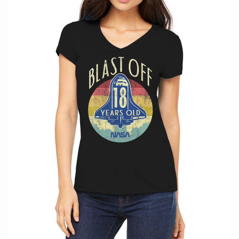 Space Shuttle Blast Off 18th Birthday Retro Portrait Women's V-Neck T-Shirt by ledo | Artistshot