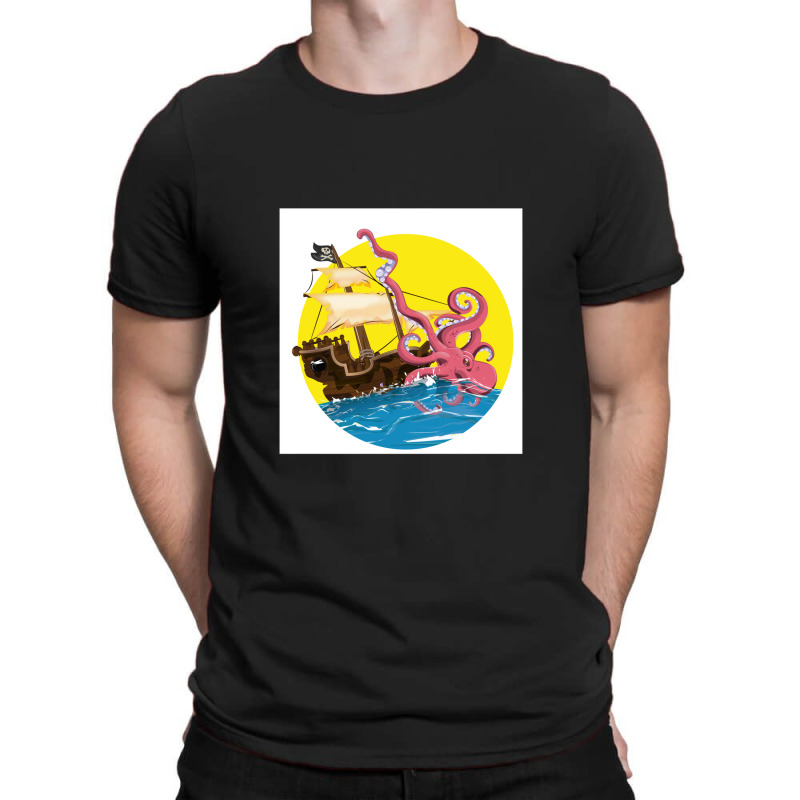 Cartoon Pirate Ship Giant Squid Attack! T-Shirt by saterseim | Artistshot