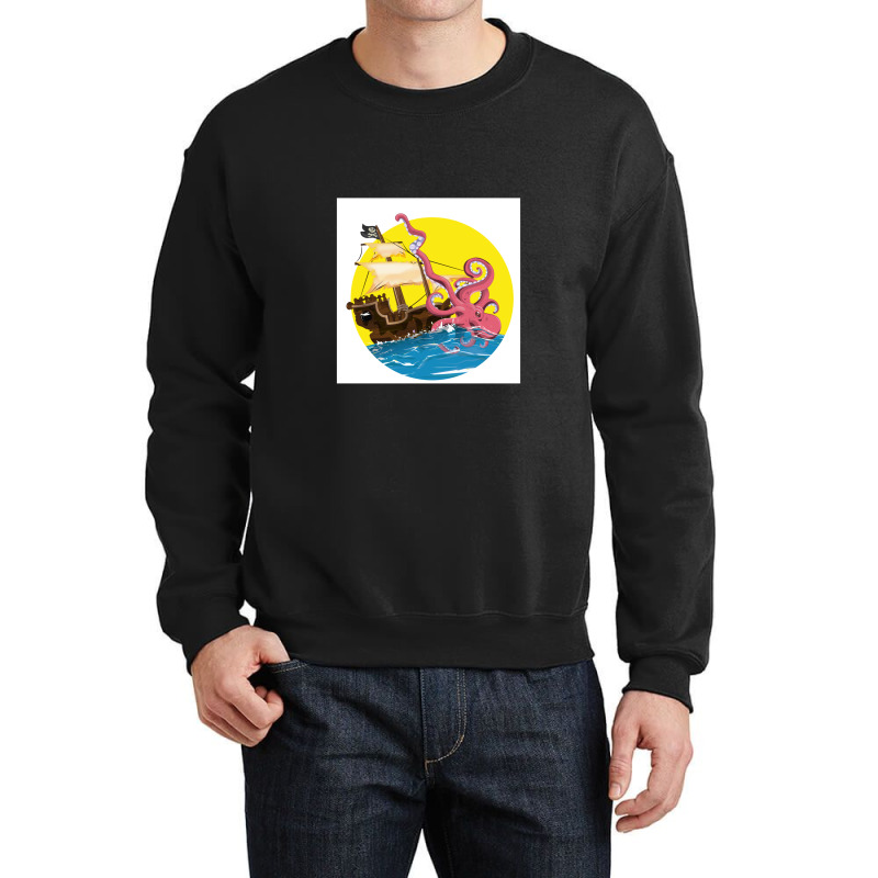 Cartoon Pirate Ship Giant Squid Attack! Crewneck Sweatshirt by saterseim | Artistshot