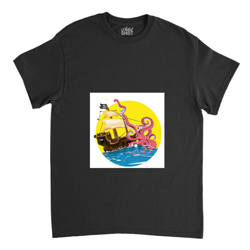 Cartoon Pirate Ship Giant Squid Attack! Classic T-shirt by saterseim | Artistshot