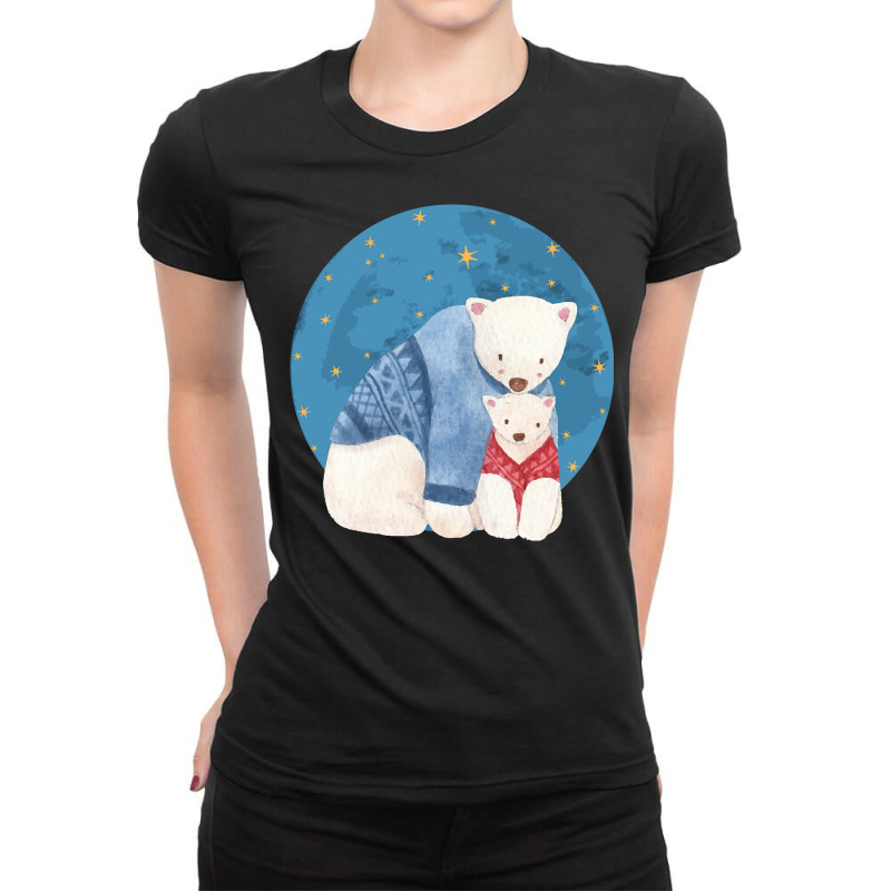 Full Moon Polar Bears   Cute Polar Bear Christmas Pajama Pullover Hood Ladies Fitted T-Shirt by cm-arts | Artistshot