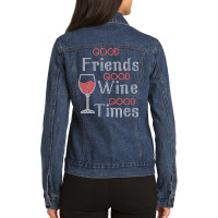 Womens Good Friends Good Wine Good Times Bling Rhinestone V Neck T Shi Ladies Denim Jacket | Artistshot