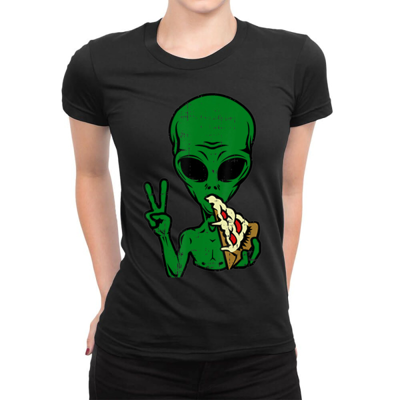 Alien Pizza Eating Peace Space Area-51 Halloween Ladies Fitted T-Shirt by Min03 | Artistshot