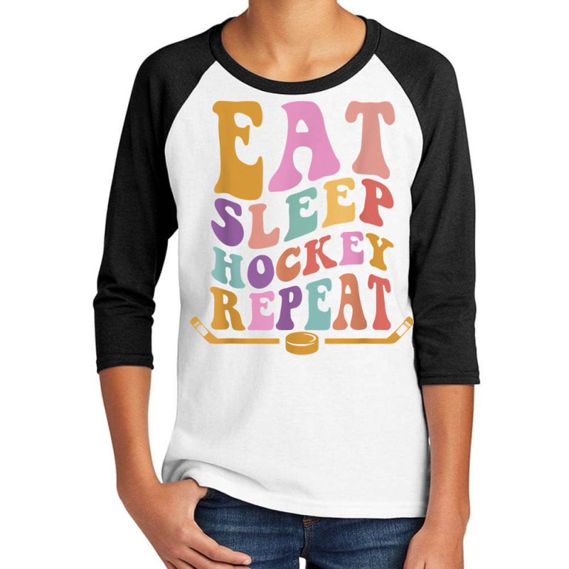 Eat Sleep Hockey Repeat Wavy Stacked Funny Ice Hockey T Shirt Youth 3/4 Sleeve | Artistshot