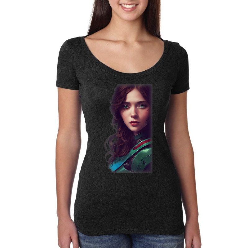 Woman Wavy Brown Hair Green Eyes Sci Fi Futuristic Armor Women's Triblend Scoop T-shirt by Sombre | Artistshot