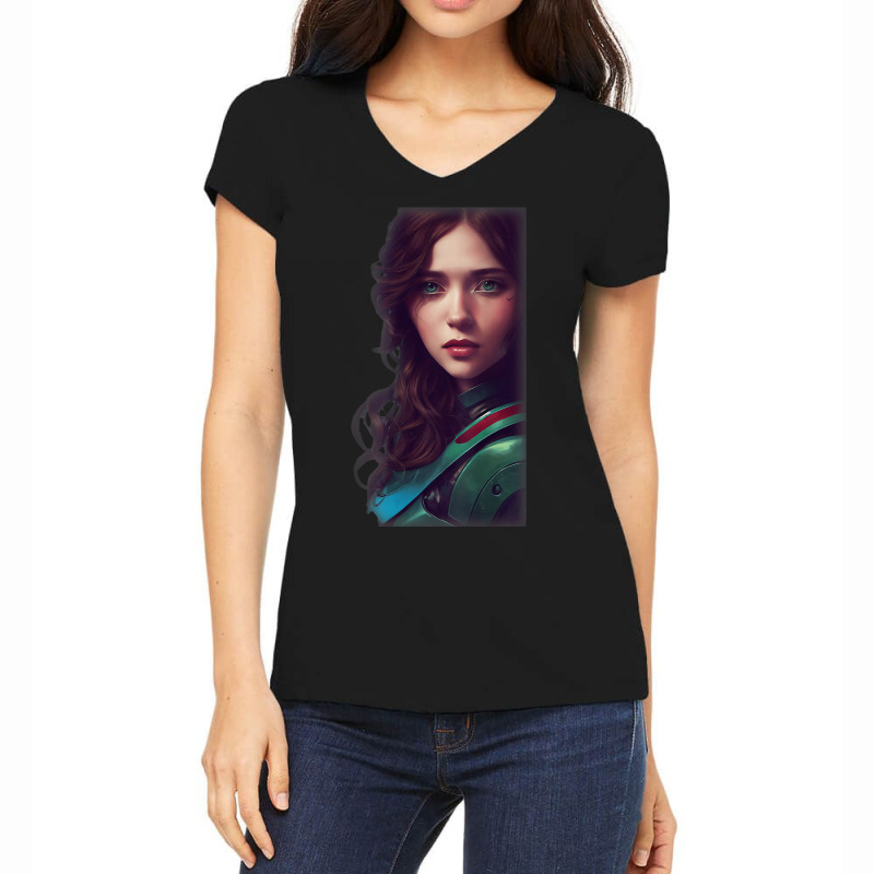 Woman Wavy Brown Hair Green Eyes Sci Fi Futuristic Armor Women's V-Neck T-Shirt by Sombre | Artistshot