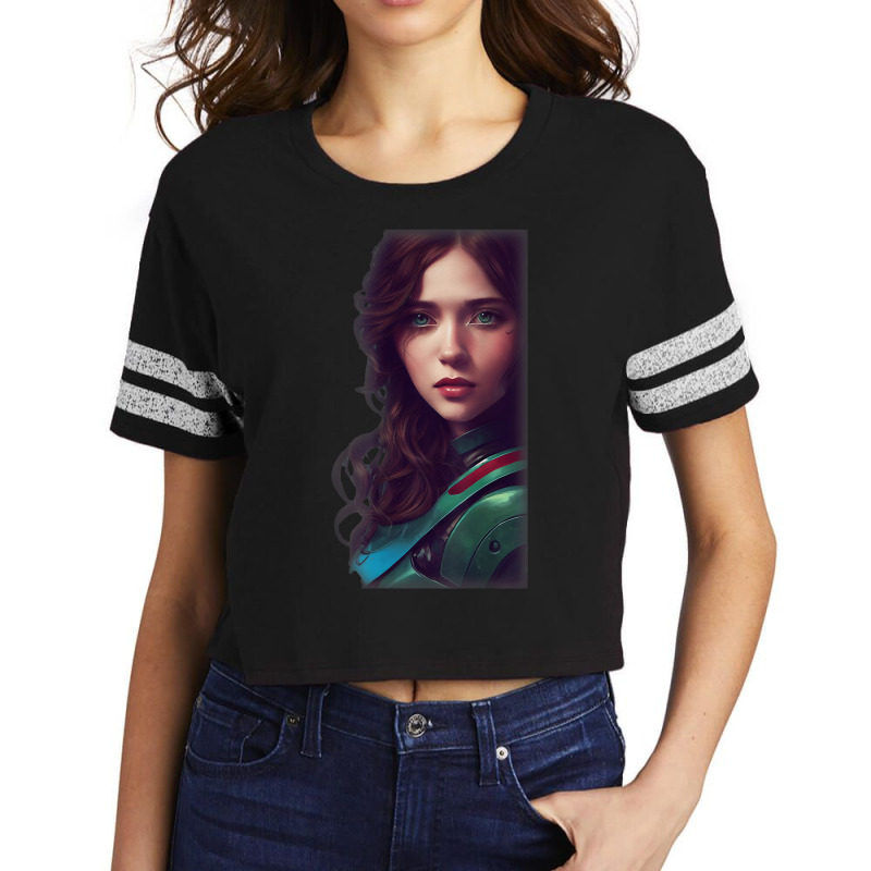 Woman Wavy Brown Hair Green Eyes Sci Fi Futuristic Armor Scorecard Crop Tee by Sombre | Artistshot