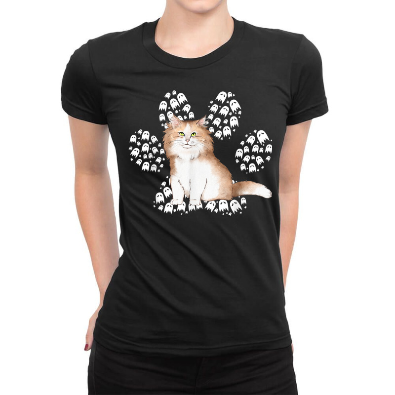 Halloween Siberian Brown Tuxedo Cat Ghosts Cat Paw T Shirt Ladies Fitted T-Shirt by cm-arts | Artistshot