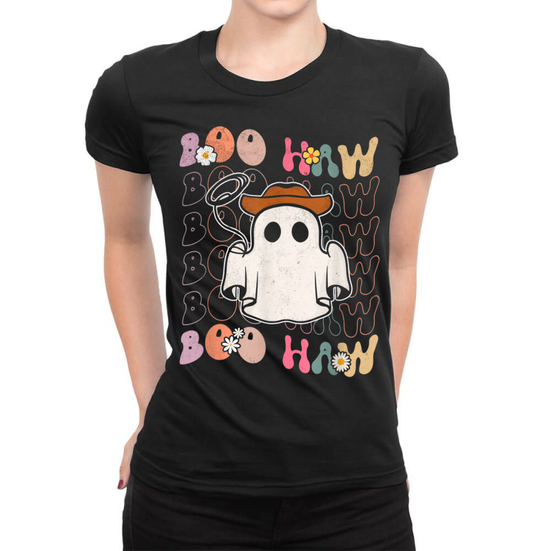 Scary Boo Haw Cowboy Cowgirl Western Groovy Ghost Halloween Ladies Fitted T-Shirt by Color | Artistshot