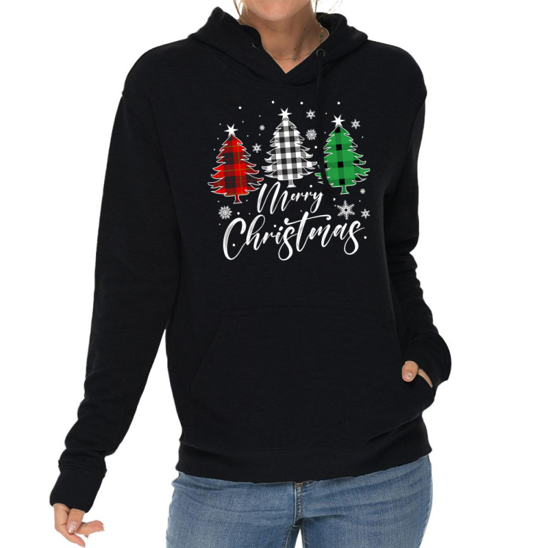 Merry Christmas Tree Buffalo Plaid Red White Green Light Top Long Slee Lightweight Hoodie | Artistshot