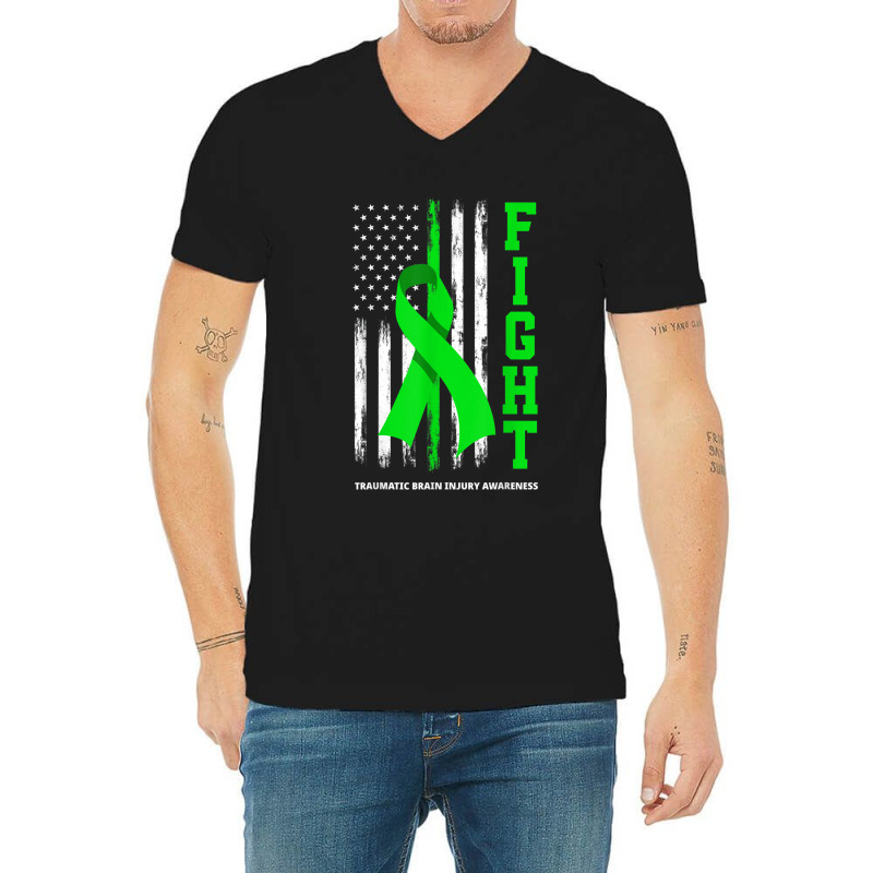 American Us Flag Fight Traumatic Brain Injury Awareness V-Neck Tee by AmberKelsey | Artistshot