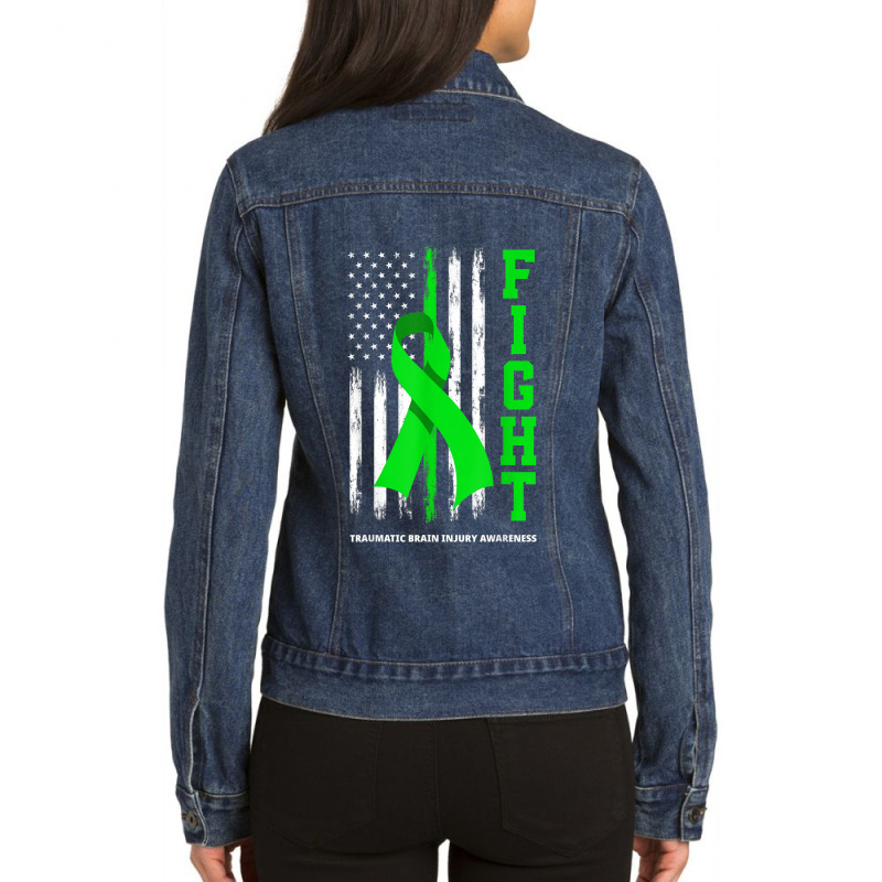 American Us Flag Fight Traumatic Brain Injury Awareness Ladies Denim Jacket by AmberKelsey | Artistshot