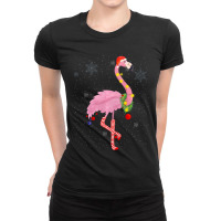 Cute Pink Flamingo With Snow, Lights And Santa Hat Christmas Ladies Fitted T-shirt | Artistshot