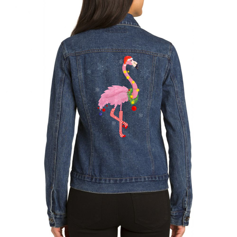 Cute Pink Flamingo With Snow, Lights And Santa Hat Christmas Ladies Denim Jacket by behindcedar22 | Artistshot