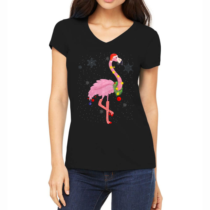 Cute Pink Flamingo With Snow, Lights And Santa Hat Christmas Women's V-Neck T-Shirt by behindcedar22 | Artistshot