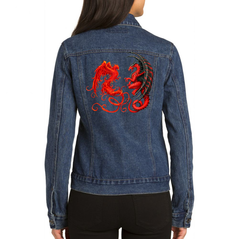 Rising Phoenix Fire And Dragon T Shirt Ladies Denim Jacket by hin | Artistshot