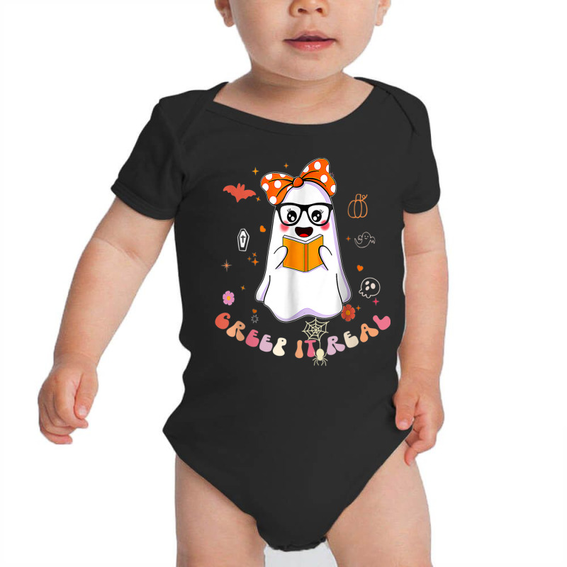 Groovy Halloween Creep It Real Funny Ghost Reading Baby Bodysuit by Color | Artistshot