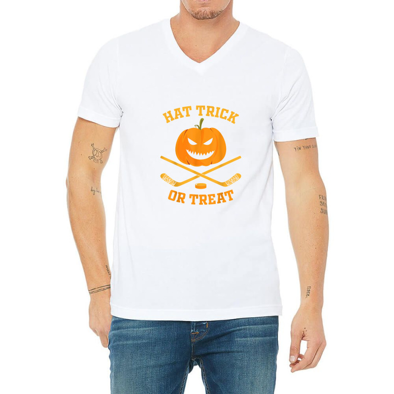 Hat Trick Or Treat Funny Pumpkin Ice Hockey Halloween V-Neck Tee by Ariannajamie | Artistshot