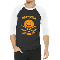 Hat Trick Or Treat Funny Pumpkin Ice Hockey Halloween 3/4 Sleeve Shirt | Artistshot