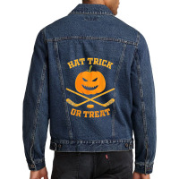 Hat Trick Or Treat Funny Pumpkin Ice Hockey Halloween Men Denim Jacket | Artistshot