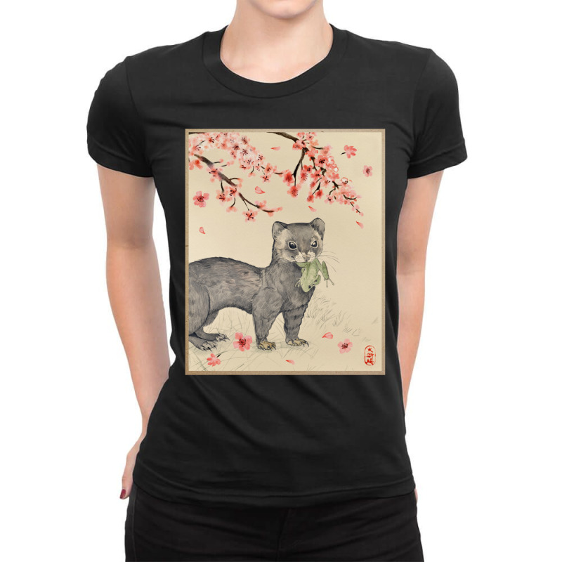 Vintage Japanese Art Ferret Cherry Blossom Woodblock Print Long Sleeve Ladies Fitted T-Shirt by cm-arts | Artistshot