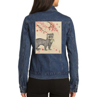 Vintage Japanese Art Ferret Cherry Blossom Woodblock Print Long Sleeve Ladies Denim Jacket | Artistshot