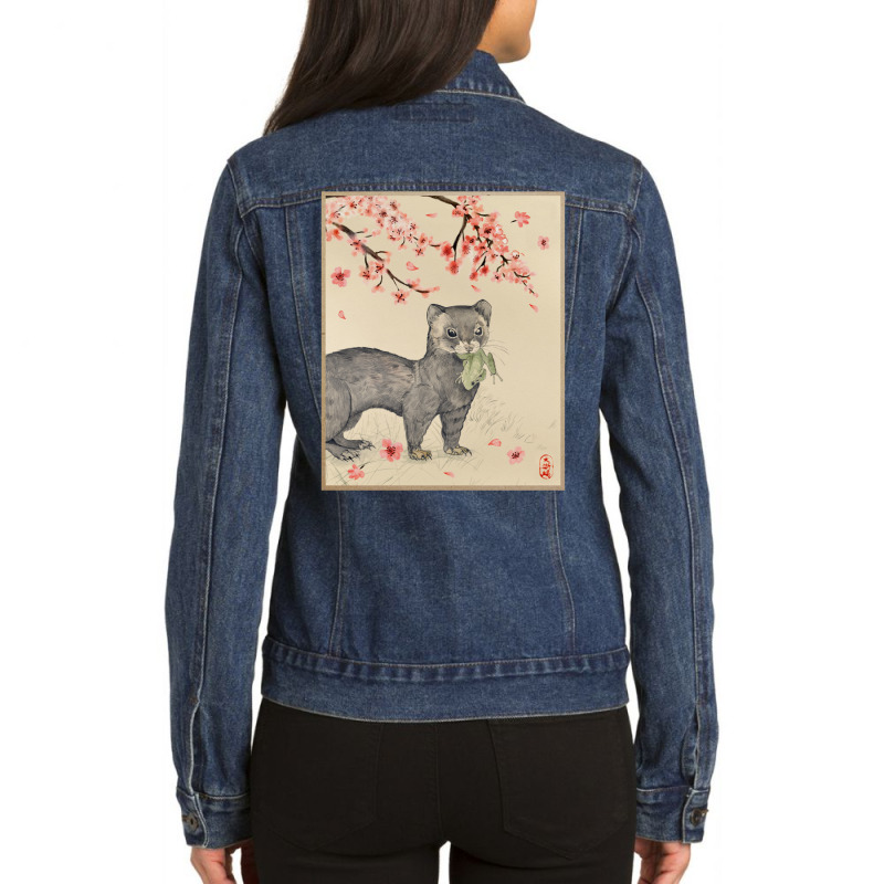 Vintage Japanese Art Ferret Cherry Blossom Woodblock Print Long Sleeve Ladies Denim Jacket by cm-arts | Artistshot