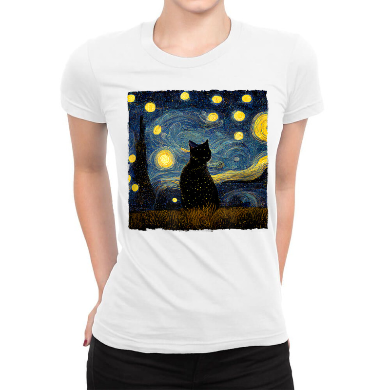 Cats Starry Night Painterly Aesthetic T Shirt Ladies Fitted T-Shirt by cm-arts | Artistshot