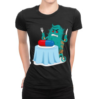 Cartoon Representation Of A Super Bacterium A Microorganism, Sitting A Ladies Fitted T-shirt | Artistshot