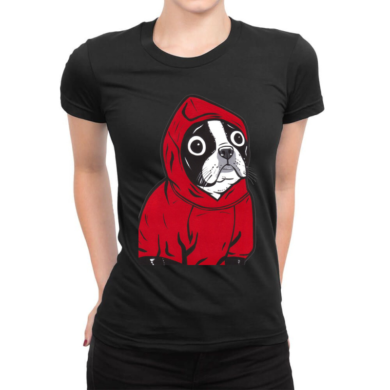 Boston Terrier In A Red Hoodie Ladies Fitted T-Shirt by cm-arts | Artistshot