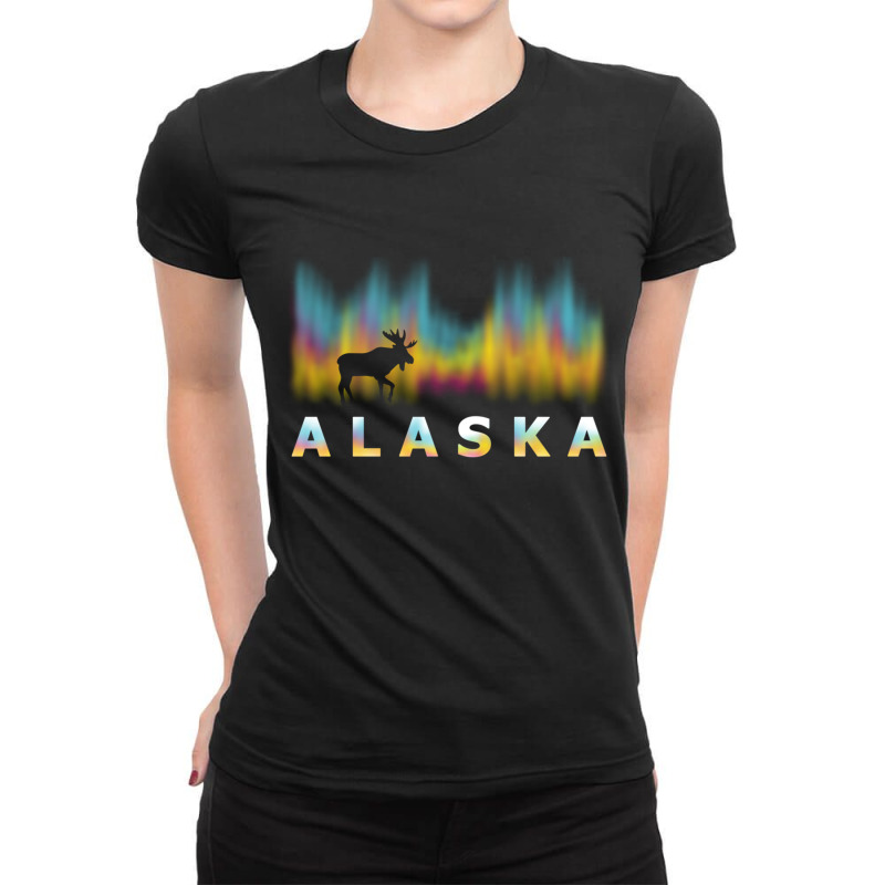 Alaska Reindeer Design With Polar Lights And Moose Pullover Hoodie Ladies Fitted T-Shirt by MaricelyOrtiz | Artistshot