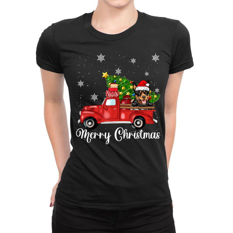 Australian Kelpie Dog Riding Red Truck Christmas Tree Xmas T Shirt Ladies Fitted T-Shirt by belenfinl | Artistshot