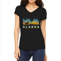 Alaska Reindeer Design With Polar Lights And Moose Pullover Hoodie Women's V-neck T-shirt | Artistshot