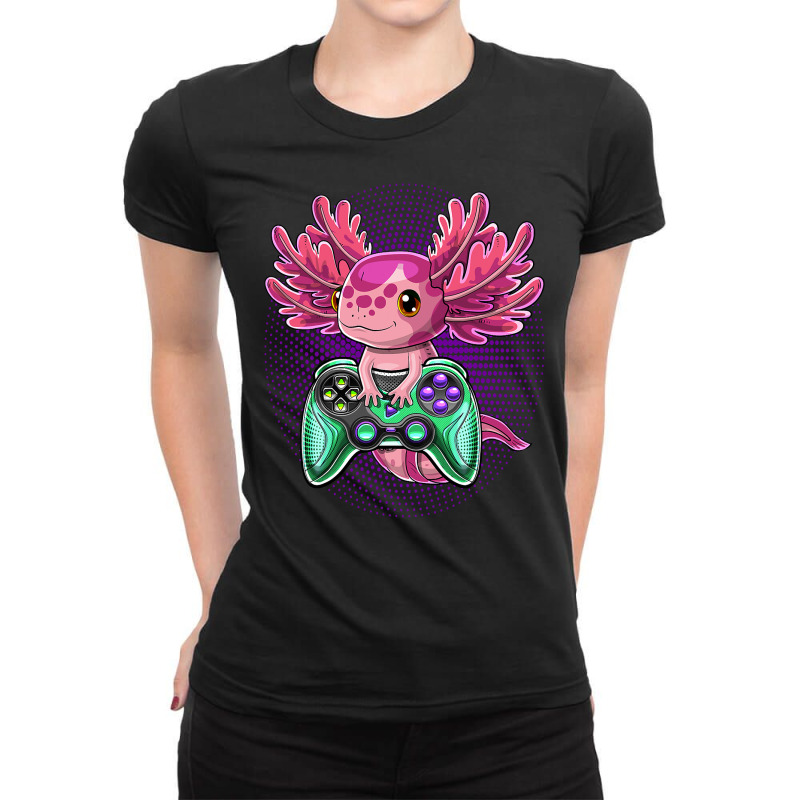 Axolotl Cute Axolotl Video Game Controller Awesome Gaming Boys Kids 42 Ladies Fitted T-Shirt by cm-arts | Artistshot