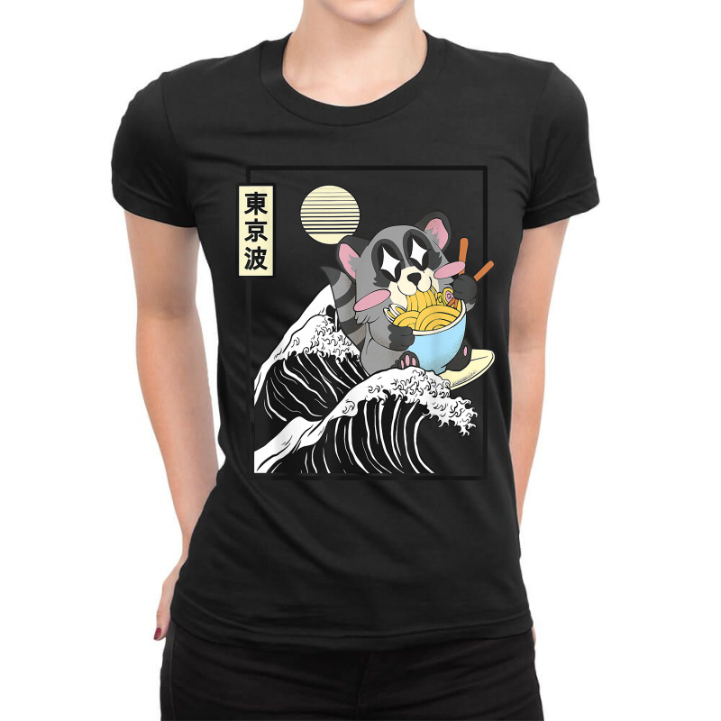 Raccoon Eating Ramen Japanese Waves Anime Minimal Kawaii T Shirt Ladies Fitted T-Shirt by cm-arts | Artistshot