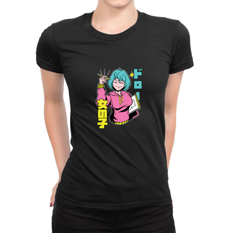 Cool Anime  With Blue Hair Smiling Drawing Ladies Fitted T-Shirt by cm-arts | Artistshot