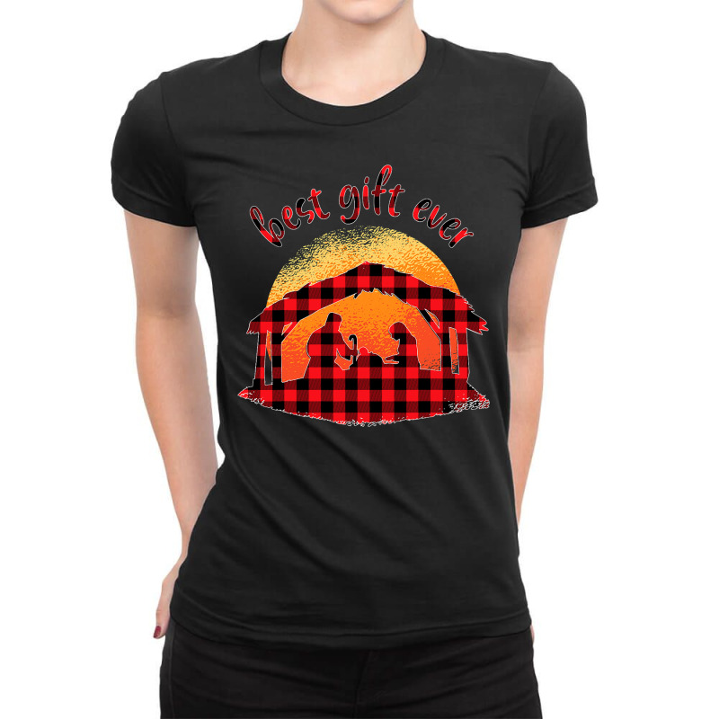 Jesus Christ Christian Buffalo Plaid True Story Of Jesus Birth Nativit Ladies Fitted T-Shirt by cm-arts | Artistshot