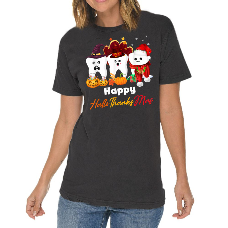 Teeth Hallothanksmas Halloween Thanksgiving Christmas Dental T Shirt Vintage T-shirt | Artistshot