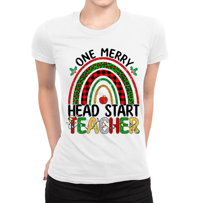 One Merry Head Start Teacher Rainbow Buffalo Plaid Xmas Tree T Shirt Ladies Fitted T-Shirt by cm-arts | Artistshot