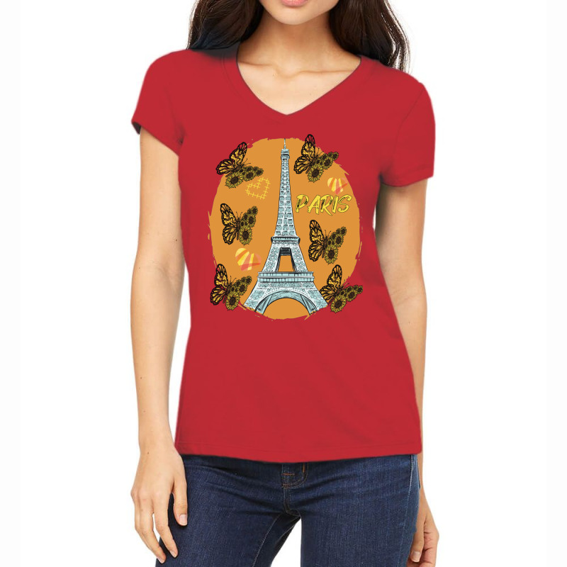 Love Paris Hearts Eiffel Tower Butterfly France Love French Long Sleev Women's V-Neck T-Shirt by cm-arts | Artistshot